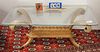 40'S DECORATOR GLASS TOP CARVED WOODEN FEATHER BASE COFFEE TABLE 19"H X 46"W X 22"D