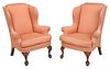 Pair Philadelphia Chippendale Style Shell Carved Mahogany Wing Chairs