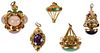Five Gold Italian Etruscan Revival Gemstone Fob Charms