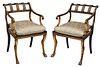 Fine Pair Regency Style Giltwood Faux Painted Open Armchairs