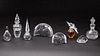 5 Clear Glass Perfume Bottles and 3 Glass Animals