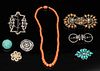 6 Various Pins, a Belt Buckle and Coral Necklace