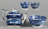 Blue Staffordshire teapot, 6 1/4'' h., together with a waste bowl and two cups.