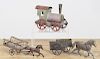 Three early American tin toys, to include a wind-up train engine, 7 1/4'' l.