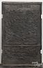 Cast iron stove plate, inscribed 1594, 30'' x 18''.