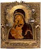 A RUSSIAN ICON OF THE DONSKAYA MOTHER OF GOD IN A GILT SILVER OKLAD, MARKED DD, MOSCOW, 1830S