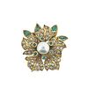18k Gold Rose Cut Diamond Pearl Emerald Flower Clip Brooch