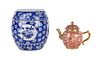 Chinese Blue and White Prunus Jar and Red Teapot 
