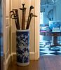 Chinese Blue and White Porcelain Umbrella Stand and a Group of Thirteen Canes