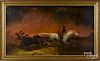 Oil on canvas western landscape with an Indian and a frontiersman, 19th c., 24'' x 42''.