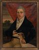 American Primitive Portrait, Man In Black Coat With Wolf Hound, 19Th C H 32", W 25"
