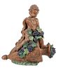 Glazed Terracotta Garden Sculpture, Cherub On Wine Vessel, H 28'' W 26'' Depth 14''