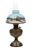 Brass Oil Lamp Converted To Electric With Painted Glass Shade, H 12'' W 10.25''