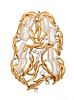 Diamond & Baroque Pearls, 14K Yellow Gold Brooch Pendent C. 1960, H 3'' W 2''
