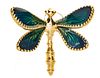 14K Yellow Gold And Enamel Dragonfly Brooch L 2''