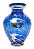 Silver Overlay On Blue Glass Vase, H 7.5'' Dia. 5.5''
