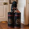 Pair of English Painted Leather Cane Stands together with Bagpipes