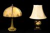 An Art Nouveau Slag Glass Lamp and Reverse Painted Glass Lamp