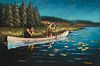 20th Century American School, "Indians Hunting in a Canoe," Oil on canvas, 24" H x 36" W