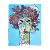 JUAN JOSÉ PÉREZ DIAZ-MARRERO. Mujer con flores I. Firmado y fechado 2022 Mixta sobre papel. 70 x 56 cm