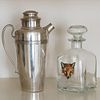 Silver Plate Cocktail Pitcher and Painted Glass Fox Decanter and a Stopper