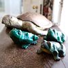 Large Patinated Metal Sea Turtle Form Box and Cover and Three Painted Iron Frogs