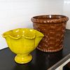 Brown Glazed Earthenware Faux Basket Jardiniere and a Yellow Glazed Earthenware Footed Vessel