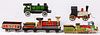 Group of tin penny toy train locomotives, etc.