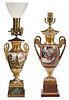 Two Continental Painted and Gilt Porcelain Urns Mounted as Lamps
