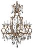 Italian Gilt, Wrought Iron, Painted Wood, and Crystal Hung Eight Light Chandelier