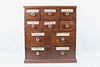 Antique 10-Drawer Wood Apothecary Cabinet with Glass Labels and Pulls
