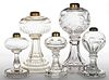 ASSORTED PATTERNED GLASS KEROSENE STAND LAMPS, LOT OF FIVE