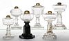 ASSORTED PATTERNED GLASS KEROSENE STAND LAMPS, LOT OF SIX