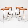 Set of Four Philip Johnson and Mies Van der Rohe for Knoll Chrome and Leather Upholstered Bar Stools