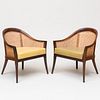 Pair of Harvey Probber Mahogany and Caned Spoon Back Chairs