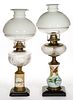ASSORTED DECORATED COMPOSITE KEROSENE STAND LAMPS, LOT OF TWO