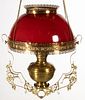 VICTORIAN CASED GLASS KEROSENE HANGING / LIBRARY LAMP