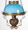 VICTORIAN GLASS AND METAL KEROSENE HANGING/ LIBRARY LAMP