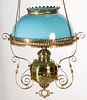 VICTORIAN OPAQUE GLASS KEROSENE HANGING / LIBRARY LAMP