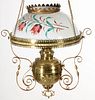 VICTORIAN ENAMEL-DECORATED KEROSENE HANGING / LIBRARY LAMP