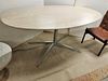 NICOS ZOGRAPHOS STYLE STAINLESS STEEL BASE OVAL TRAVERTINE MARBLE TOP DINING TABLE 31 1/2"H X 71"L X 40"D