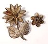 2 Silver Filigree Flower Brooches