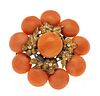 Round Biedermeier coral brooch metal partly gilded with bouton-shaped coral cabochons 10 and 8 mm,