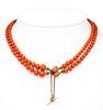 Coral necklace with box clasp metal gold plated with safety chain, set with 2 coral boutons 5 mm,