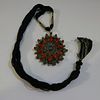 ANTIQUE CHINESE RED CORAL TURQUOISE LAPIS LAZULI PENDANT NECKLACE  STERLING SILVER