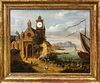 Picture clock around 1870. anonymous landscape painter of the 19th century coastal town with