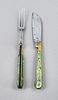 Two-piece travel cutlery, German, around 1800, knife and fork, green dyed leg handles with applications, folding, blade signed AK for Abraham Kaymer, 