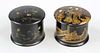 Pair of yarn boxes, Japan, Meiji period(1868-1912), round black lacquer lidded boxes with polychrome decoration of Japanese city life, partly rubbed, 