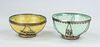 2 bowls, China, 20th/21st century, thick glass bowls blue/green with white metal mounting, each D 11cm