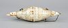 Gujarati powder horn, probably northwest India Gujarat around 1900, riveted leg plates scaled over double conical body, cow and lion heads and white m